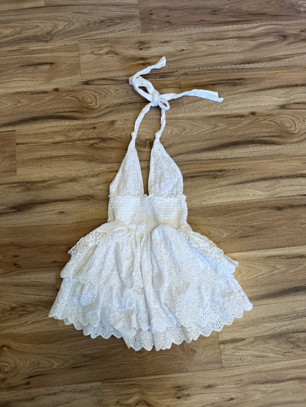 Musette Cotton Lace V-Neck Sleeveless Ruffle Halter Mini Dress